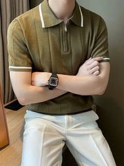 Short-Sleeve Striped Half Zip Ribbed Knit Polo Shirt