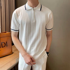 Short-Sleeve Striped Half Zip Ribbed Knit Polo Shirt