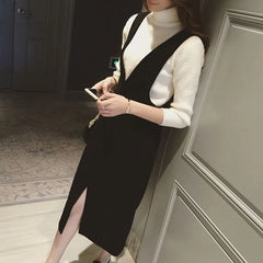 V-Neck Plain Slit Midi Sheath Overall Dress