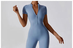 Short-Sleeve Half Zip Plain Sports Jumpsuit