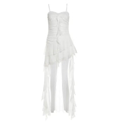Spaghetti Strap Plain Asymmetrical Ruffle Trim Ruched Open Back High Low A-Line Dress