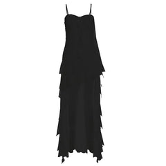 Spaghetti Strap Plain Asymmetrical Ruffle Trim Ruched Open Back High Low A-Line Dress