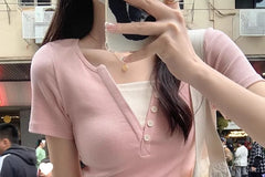 Short Sleeve Mock Two Piece Color-Block Slim-Fit Crop Top