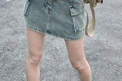 High Waist Belted Washed Denim Mini Pencil Skirt