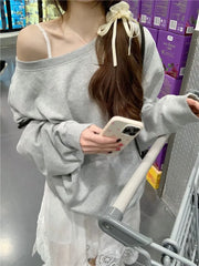 Cold-Shoulder Long-Sleeve Plain Pullover / Spaghetti Strap Plain Lace Trim Mini A-Line Dress