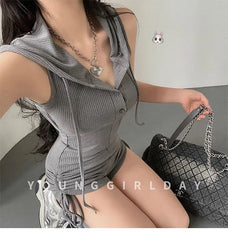 Sleeveless Plain Hooded Cutout Back Drawstring Romper