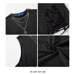 Crew Neck Washed Distressed Chain Tank Top