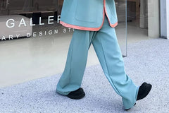 Set: Contrast Trim Single Button Blazer + Plain Wide Leg Pants