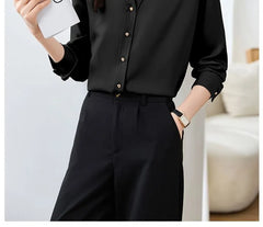 Long-Sleeve V-Neck Collared Plain Button-Up Satin Blouse