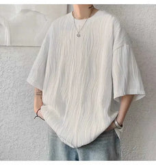3/4-Sleeve Crew Neck Plain Textured T-Shirt