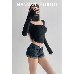 Low Rise Washed Roll Up Hem Denim Shorts