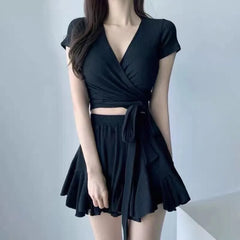 Set: Short-Sleeve V-Neck Plain Crop Rash Guard + Swim Skirt