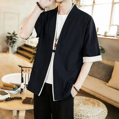 Elbow-Sleeve Open Front Linen Jacket