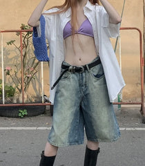 High Waist Washed Wide Leg Denim Shorts