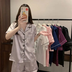 Pajama Set: Short-Sleeve Plain Contrast Trim Shirt + Shorts