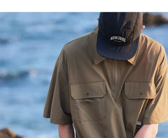 Elbow-Sleeve Half Zip Pocketed Plain Polo Shirt