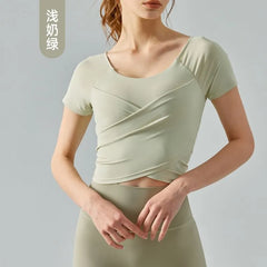 Short-Sleeve Round Neck Plain Criss Cross Yoga T-Shirt