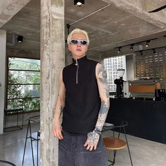Turtleneck Half Zip Plain Tank Top