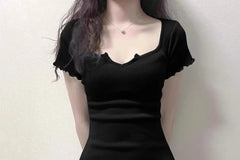 Short-Sleeve Scoop Neck Plain Ruffle Trim Mini Sheath Dress
