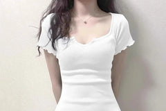 Short-Sleeve Scoop Neck Plain Ruffle Trim Mini Sheath Dress