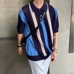 Short-Sleeve Striped Knit Polo Shirt