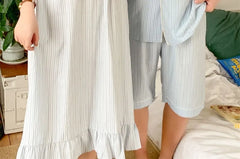 Couple Matching Short-Sleeve V-Neck Striped Lace Panel Midi Pajama Dress / Elbow-Sleeve Lapel Collar Button-Up Top / Shorts / Set