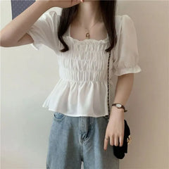 Puff-Sleeve Square Neck Plain Frill Trim Smocked Peplum Crop Blouse