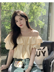 Short-Sleeve Off Shoulder Plain Ruffle Blouse