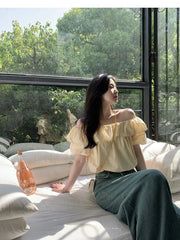 Short-Sleeve Off Shoulder Plain Ruffle Blouse