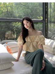 Short-Sleeve Off Shoulder Plain Ruffle Blouse