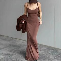 [S] Spaghetti Strap Scoop Neck Plain Maxi Mermaid Dress