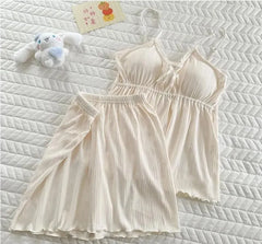 Pajama Set: Long-Sleeve Plain Button Top + Padded Camisole + Pants + Shorts