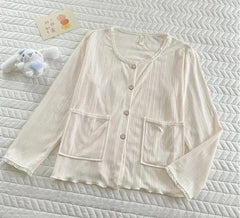Pajama Set: Long-Sleeve Plain Button Top + Padded Camisole + Pants + Shorts