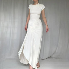Short-Sleeve Asymmetrical Neck Plain Knot Ruched Slit Maxi Sheath Dress