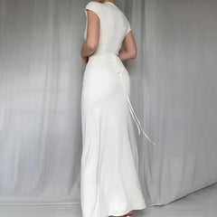 Short-Sleeve Asymmetrical Neck Plain Knot Ruched Slit Maxi Sheath Dress