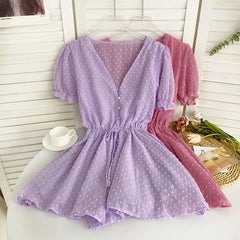 Short-Sleeve V-Neck Dotted Drawstring Waist Romper