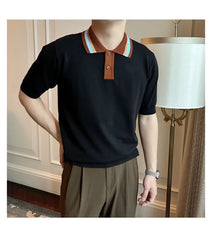 Short-Sleeve Striped Collar Knit Polo Top