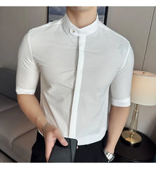 Elbow-Sleeve Band Collar Plain Shirt
