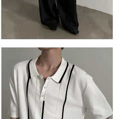 Elbow-Sleeve Striped Knit Polo Shirt
