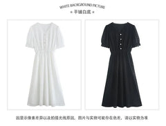 Puff-Sleeve Lace Midi A-Line Dress