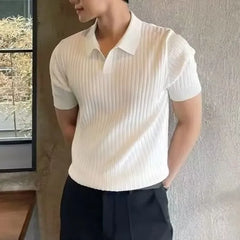 Short Sleeve V-Neck Plain Ribbed Knit Polo Top