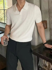 Short Sleeve V-Neck Plain Ribbed Knit Polo Top