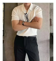 Short Sleeve V-Neck Plain Ribbed Knit Polo Top