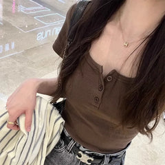Short Sleeve Half-Button Plain Slim-Fit Crop Top