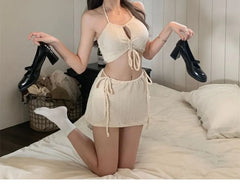 Set: Halter Plain Keyhole Drawstring Bikini Top + Bottom + Swim Skirt