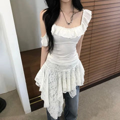 Square-Neck Ruffled-Trim Plain Slim-Fit Crop Tank Top / Low Waist Lace See-Through Asymmetric-Hem Mini Skirt