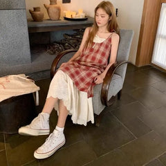 Spaghetti Strap Plaid Mock Two-Piece Maxi Sundress