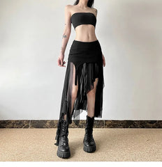 Mid Rise Sheer Panel Asymmetrical Hem Slit Midi Pencil Skirt