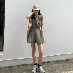 Sleeveless Round Neck Plain Belted Romper