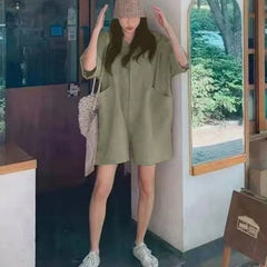 3/4-Sleeve Collared Plain Buttoned Wide Leg Romper